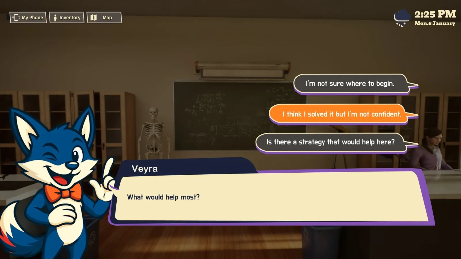 In a science classroom, Veyra the fox asks 'What would help most?' and the player picks a reply, such as 'I'm not sure where to begin.'