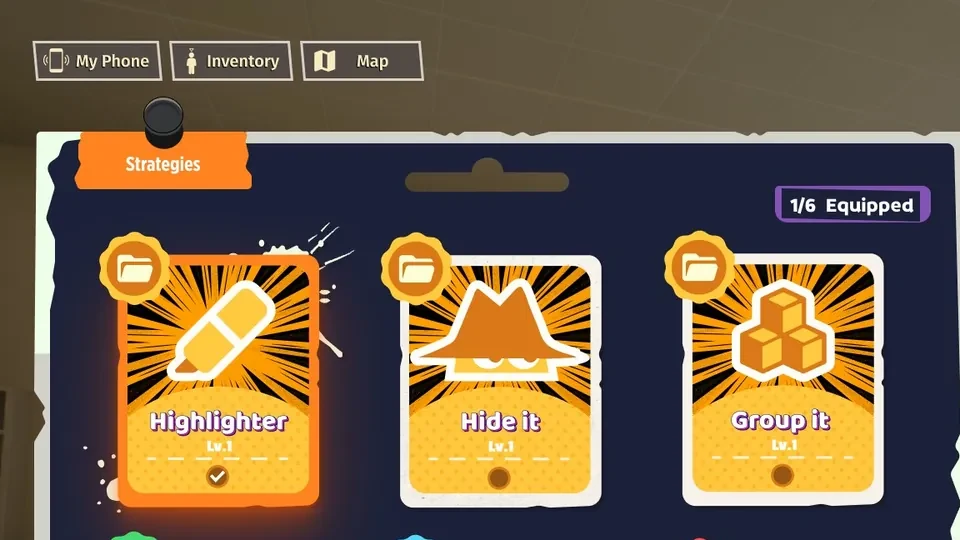 The strategies screen in Pebble Academy, showing three strategy cards: Highlighter, Hide it and Group it, each at level 1